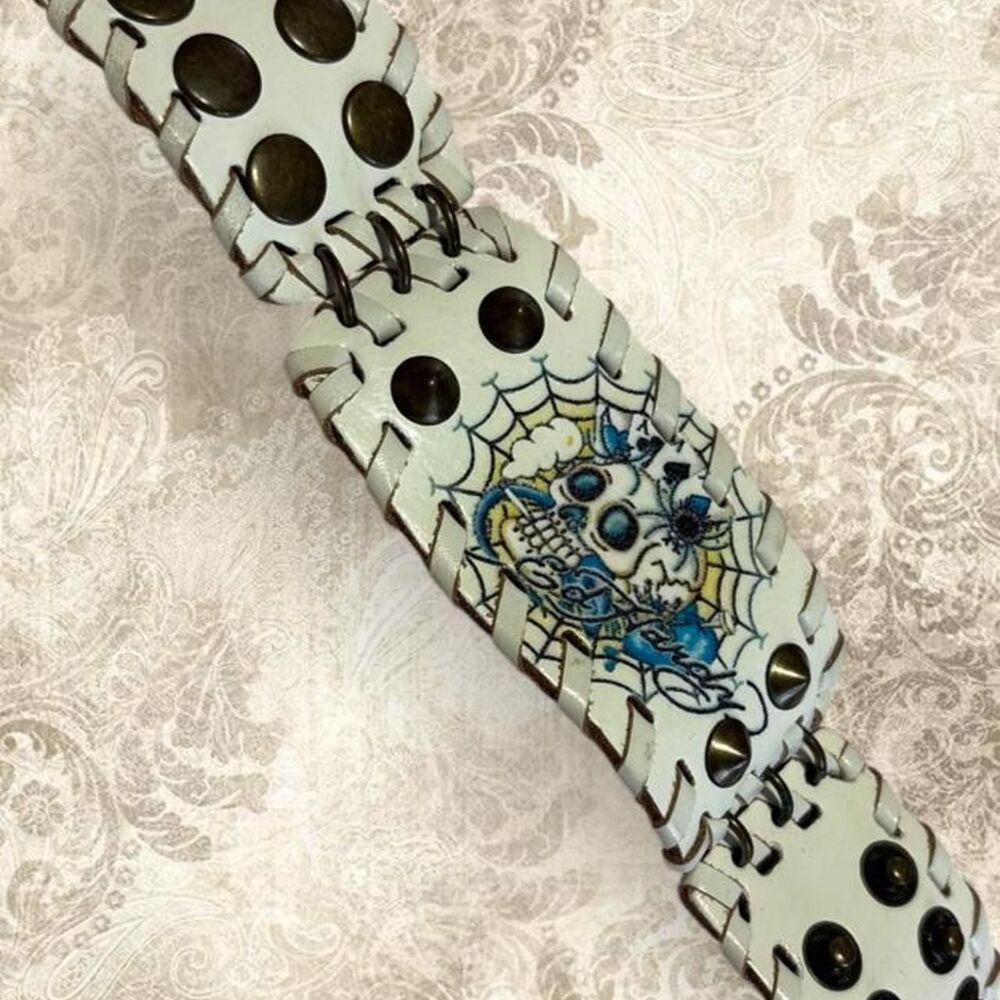 vintage Don Ed Hardy Skull & Spiderweb Leather Cuff Bracelet